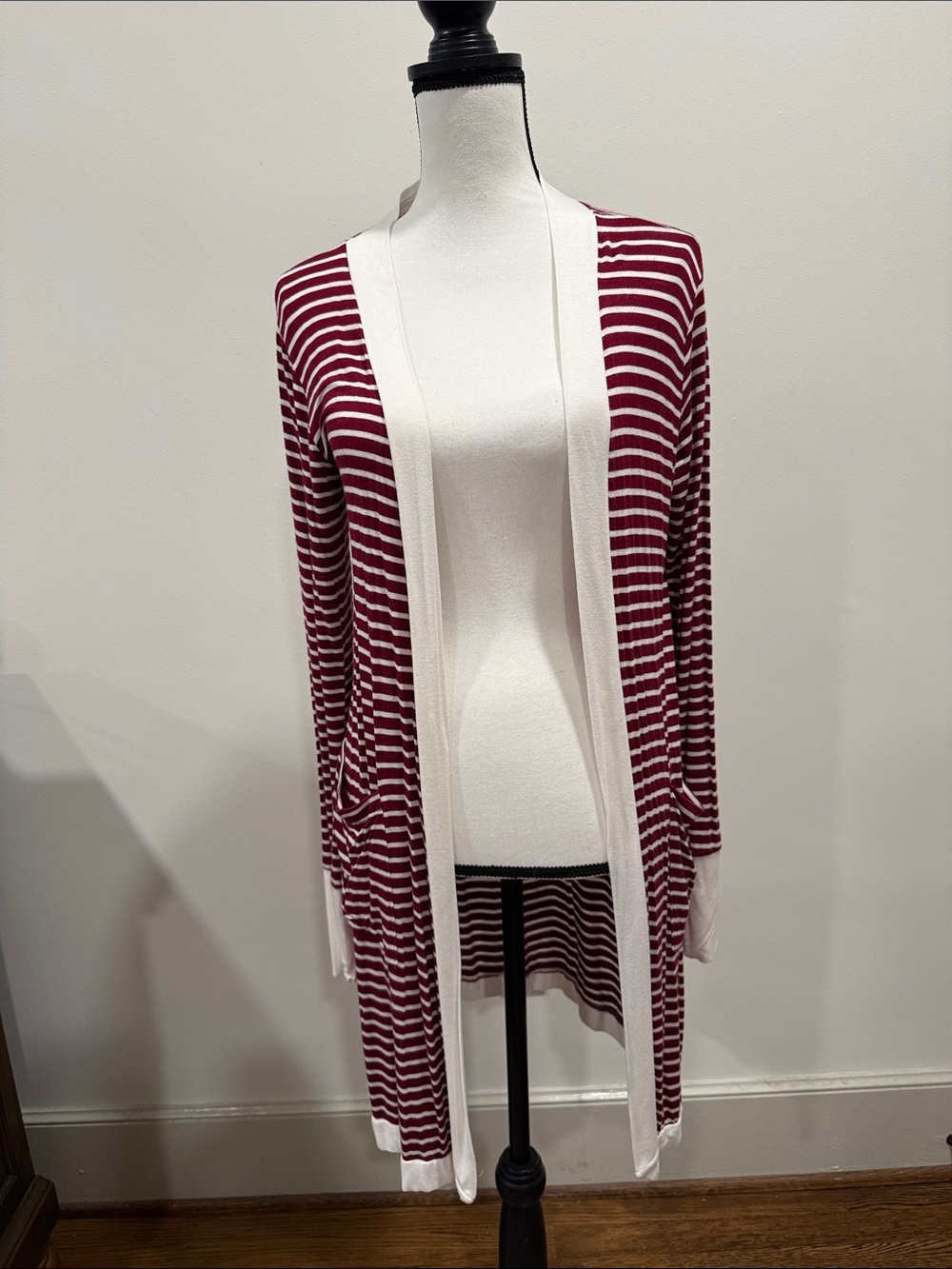 Magic Fit - Open Front Striped Long Cardigan Maroon/White Size Medium